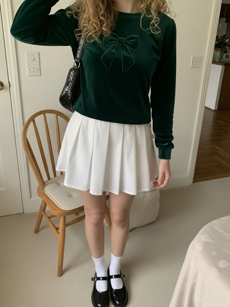 Velvet Bow Sweater with Tennis Skirt and Mary Janes