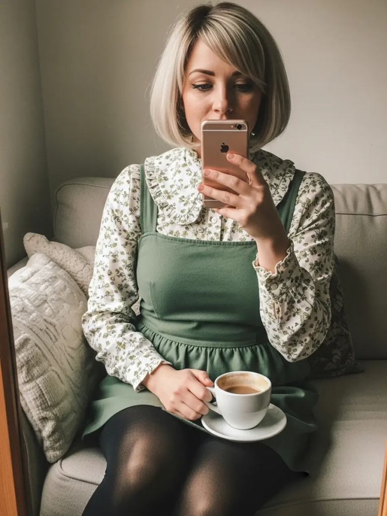 Ruffled Collar Button-Up with Pinafore Dress and Tights
