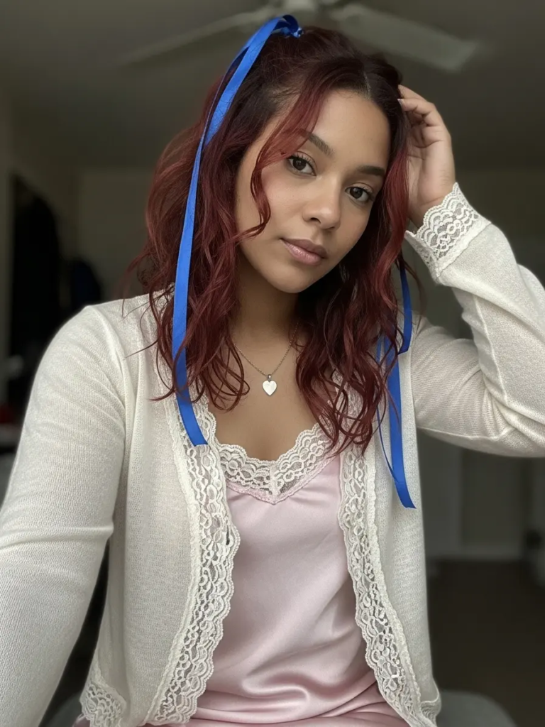 Sheer Lace Cardigan over Satin Slip Dress with Hair Ribbons