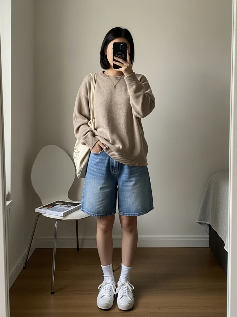 Crewneck Sweater with Shorts and White Sneakers