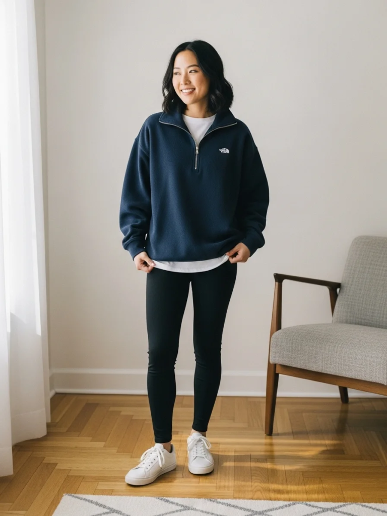 Quarter Zip, Black Leggings, and Classic White Sneakers