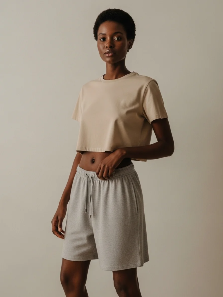 Neutral Cropped Tee with Comfy Lounge Shorts