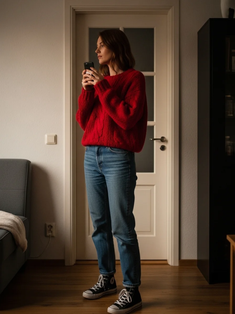 Knitted Red Sweater with Jeans and Converse