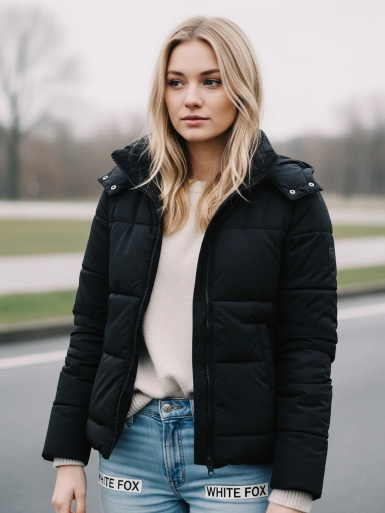Puffer Jacket over Sweater with White Fox Jeans
