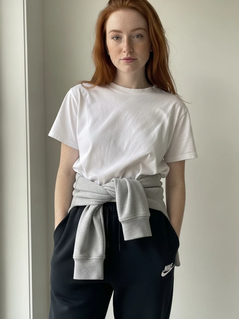 T-shirt with Hoodie Tied Around Waist and Nike Pants