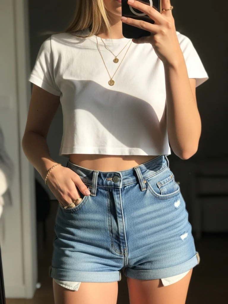 High-Waisted Shorts with Cropped Tee and Gold Jewelry