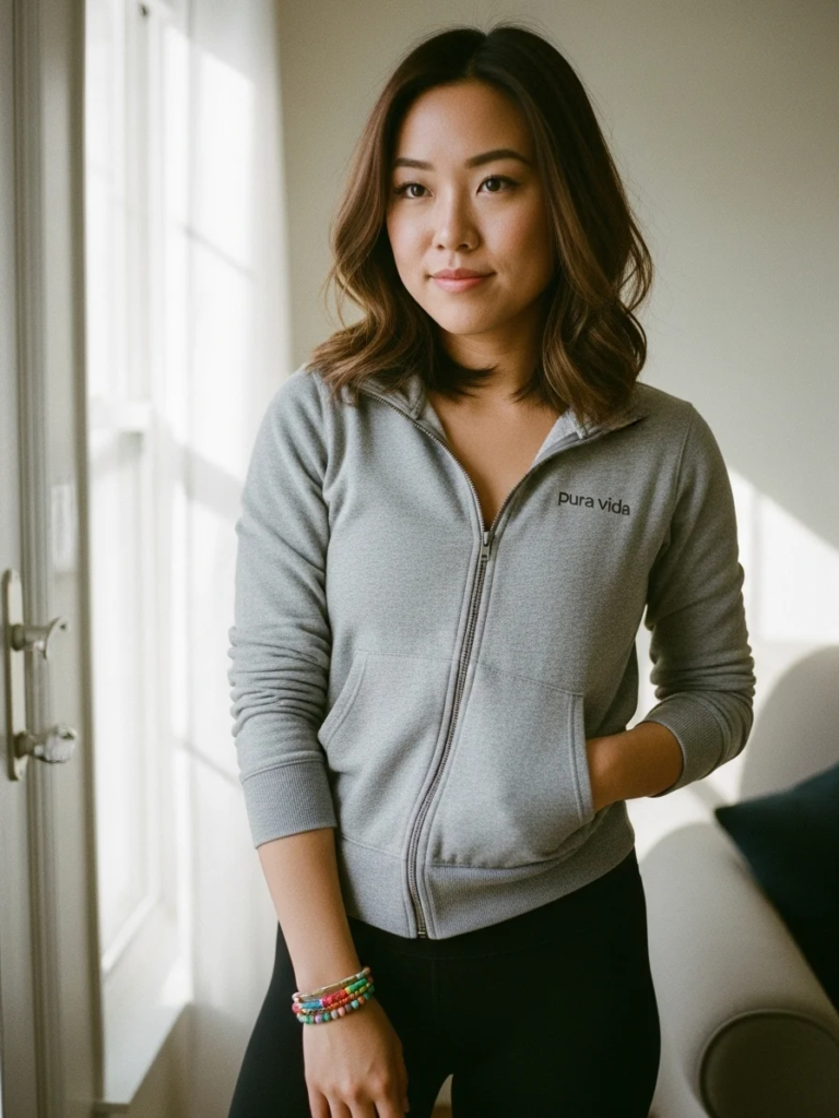 Grey Zip-up Sweatshirt with Leggings and Pura Vida Bracelet