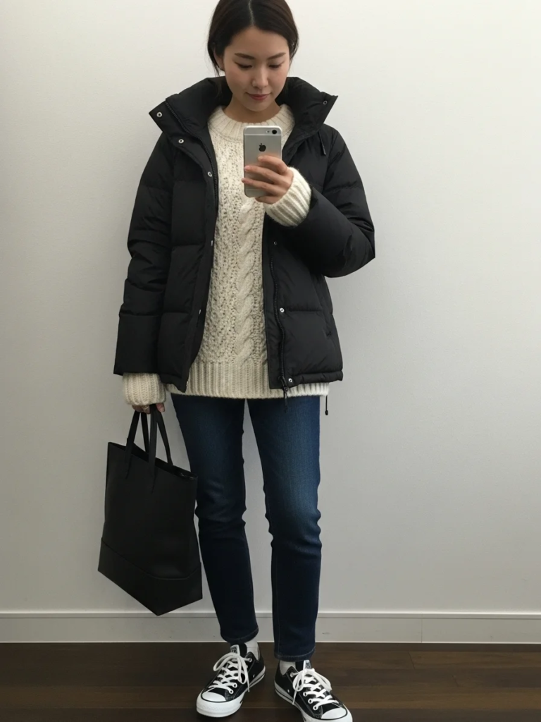 Rain-Ready Puffer with Warm Sweater and Converse
