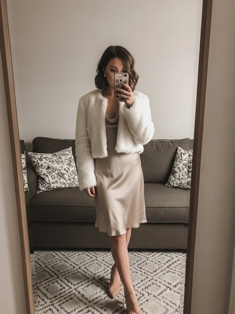 Satin Slip Dress Paired with a Faux Fur Jacket