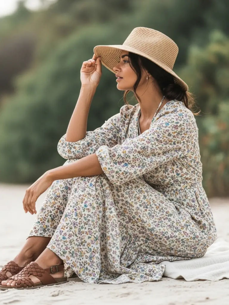Breezy Maxi Dress with Woven Sandals and Sun Hat