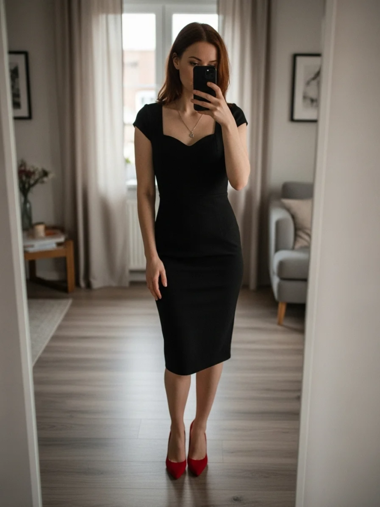Classic Little Black Dress with Red Pumps
