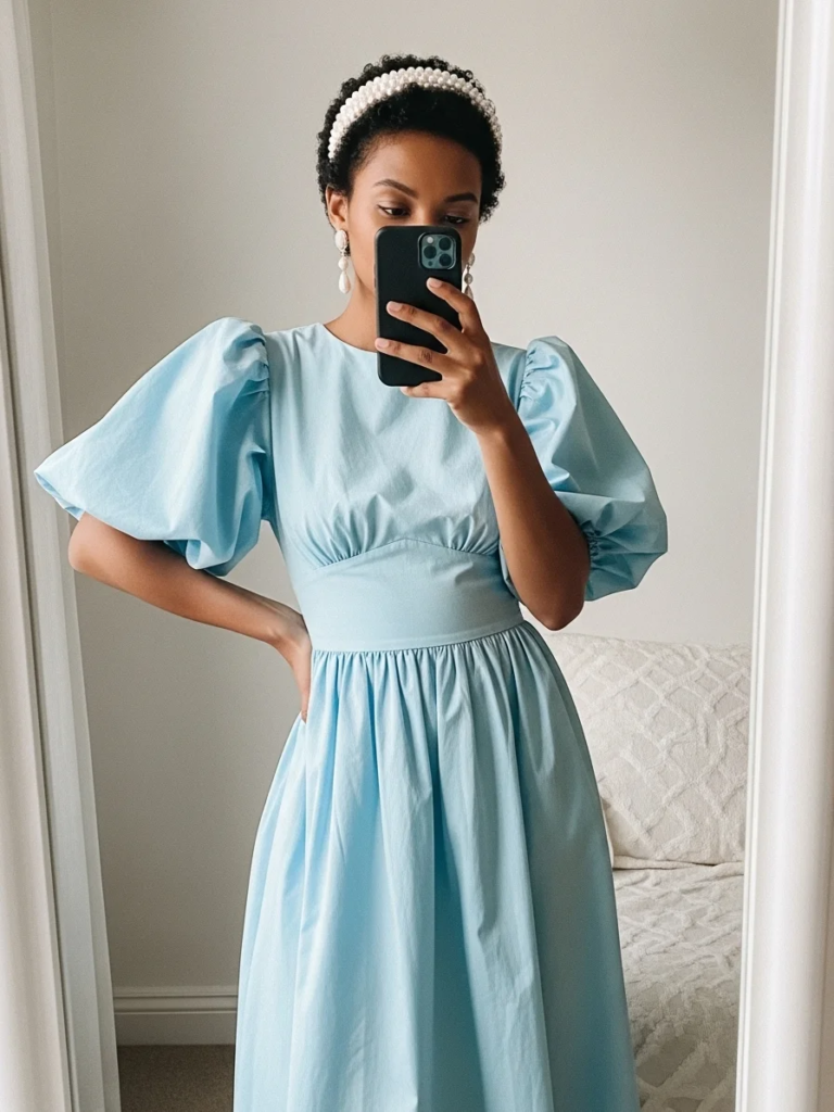 Puff Sleeve Midi Dress with Pearl Accessories