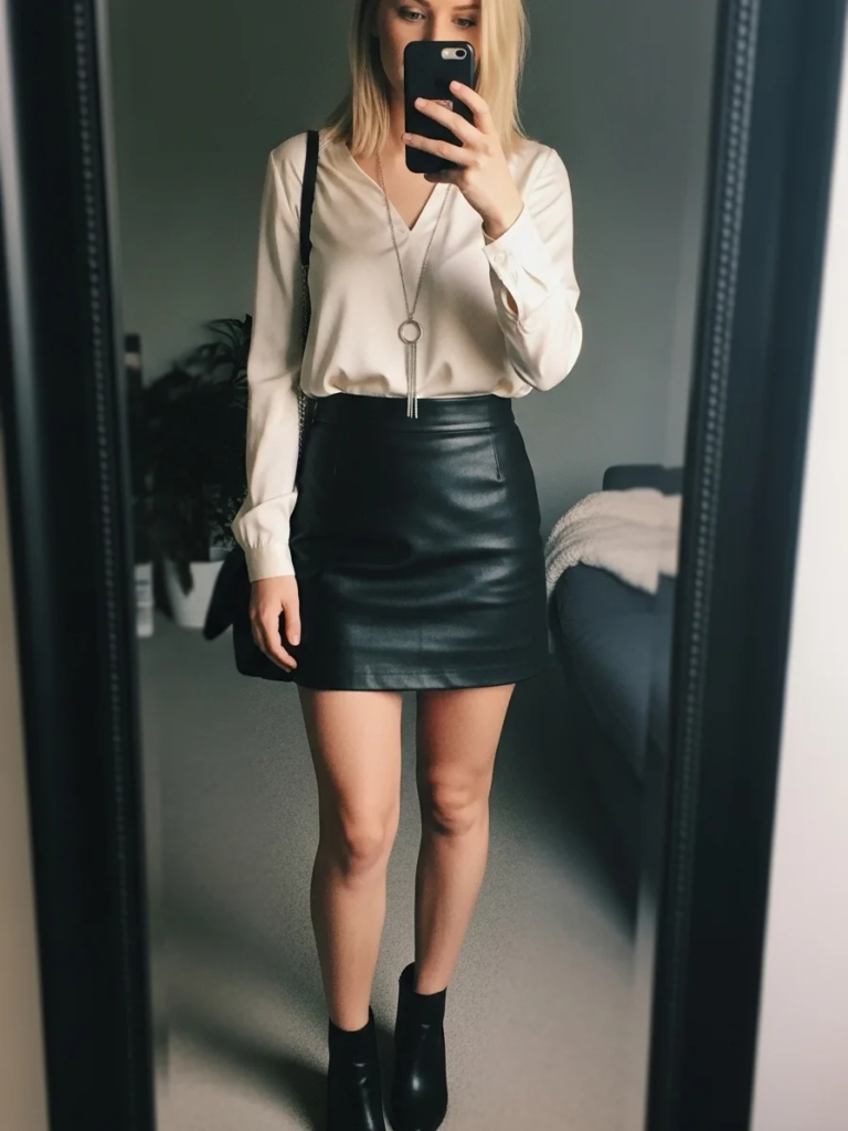 Leather Mini Skirt with Satin Blouse and Boots