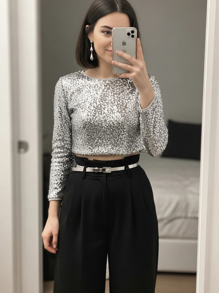 Sparkly Crop Top with High-Waisted Wide-Leg Pants