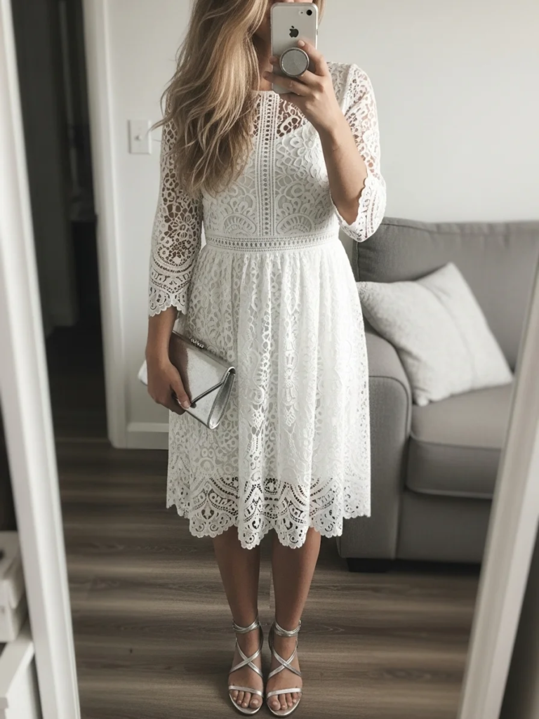 White Birthday Dress with Silver Strappy Sandals