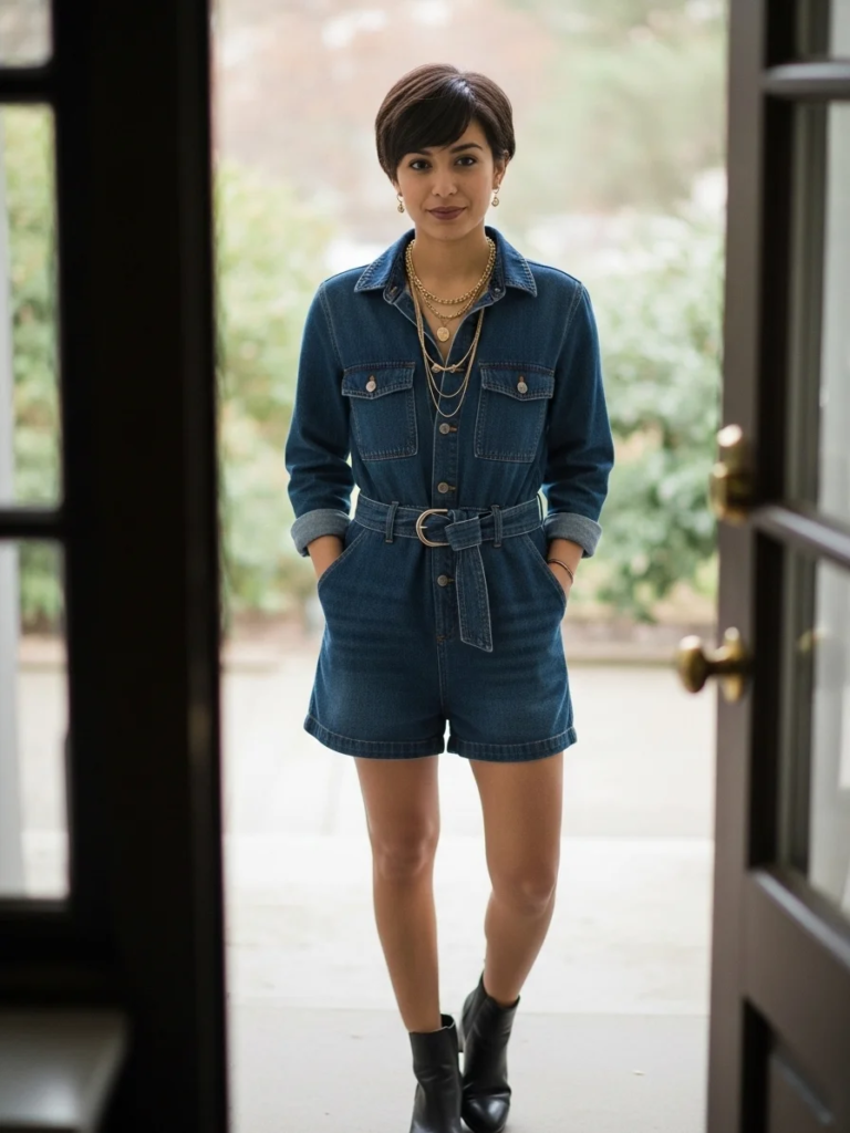 Edgy Denim Romper with Layered Necklaces