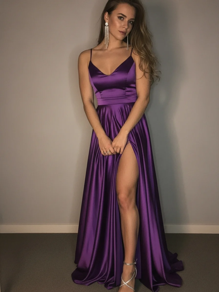 Regal Purple Gown and Crystal Drop Earrings