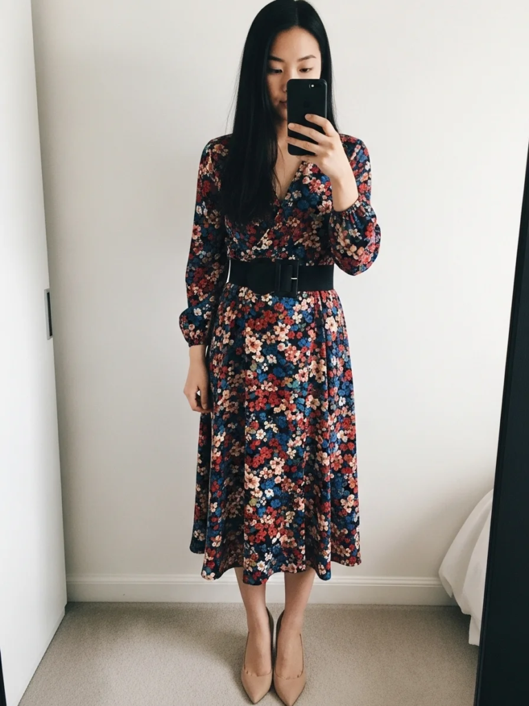 Bold Printed Wrap Dress and Statement Belt