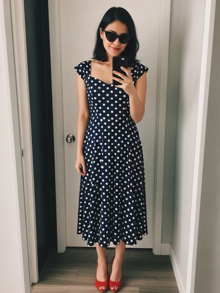 Vintage-Inspired Polka Dot Dress and Cat-Eye Sunglasses
