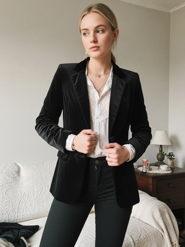Black Velvet Blazer with Lace Shirt and Skinny Black Pants