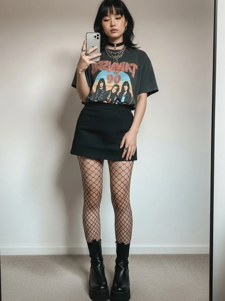 Fishnet Tights with Mini Skirt and Band Tee