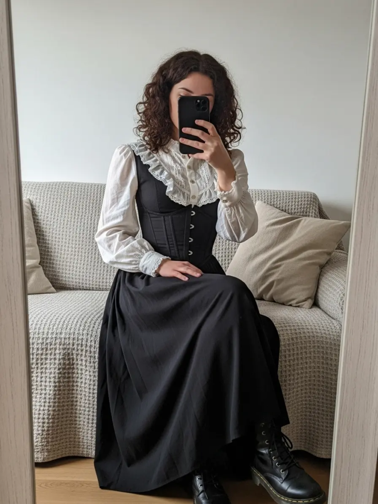 Corset Top over Victorian-Inspired Ruffled Blouse