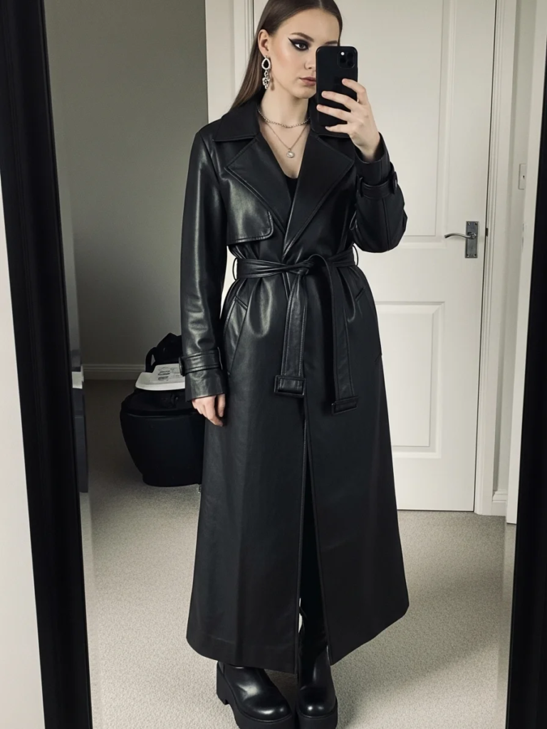 Leather Trench Coat with Platform Boots