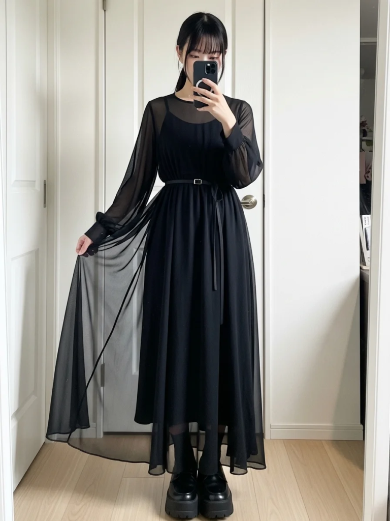 Long Romantic Sleeves on Sheer Black Dress