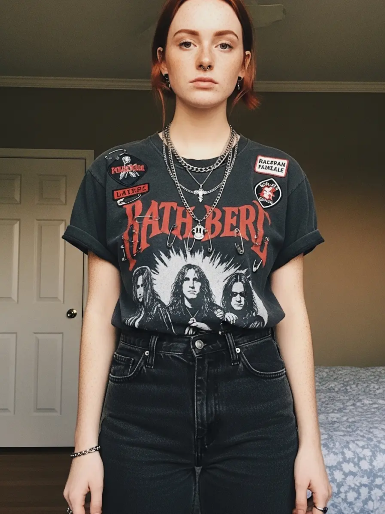 DIY Band Merch Tee with Layered Silver Chains