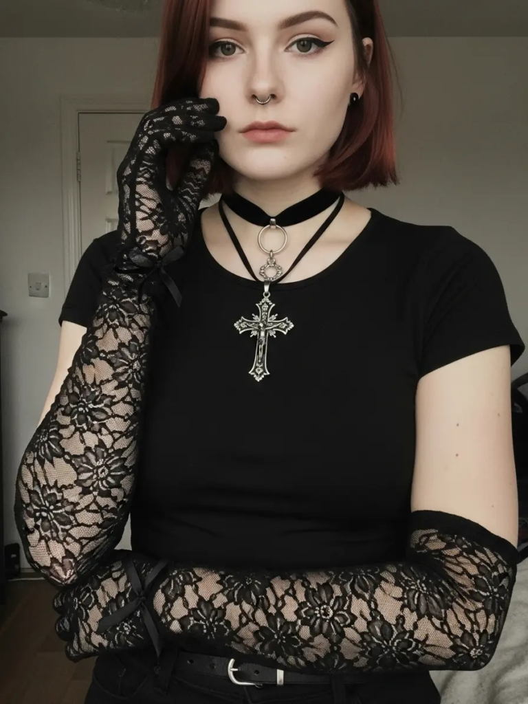 Black Lace Gloves with Choker and Crucifix Necklace