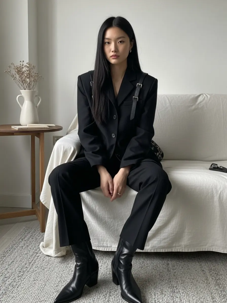 Structured Black Blazer with Leather Straps