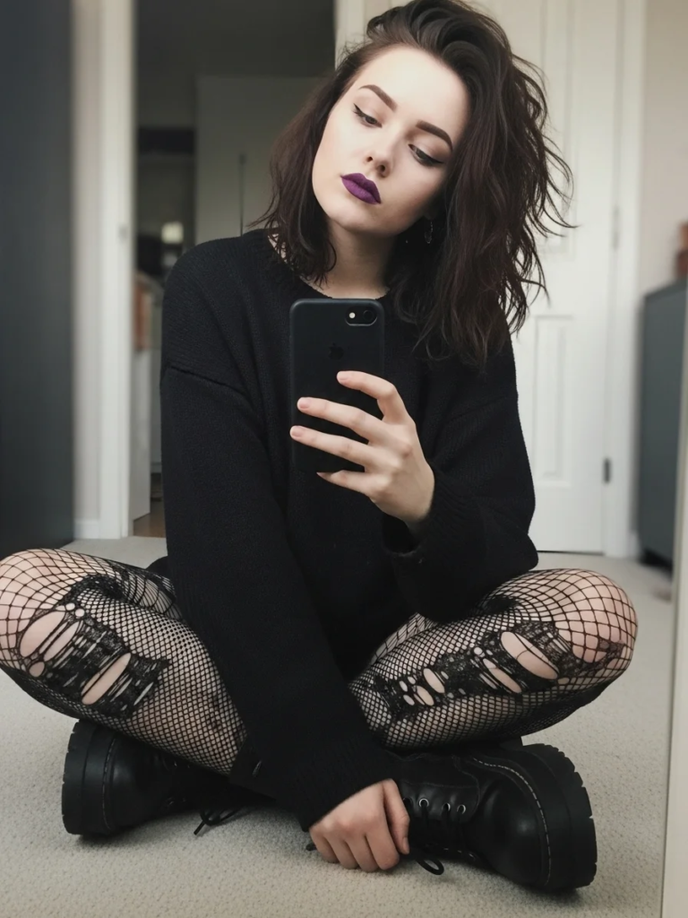 Oversized Black Sweater and Ripped Fishnet Tights