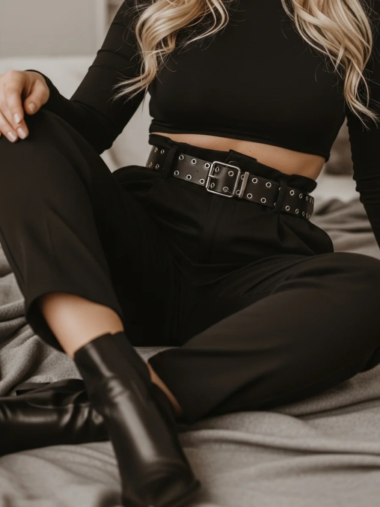 High-Waisted Black Pants with Studded Belt