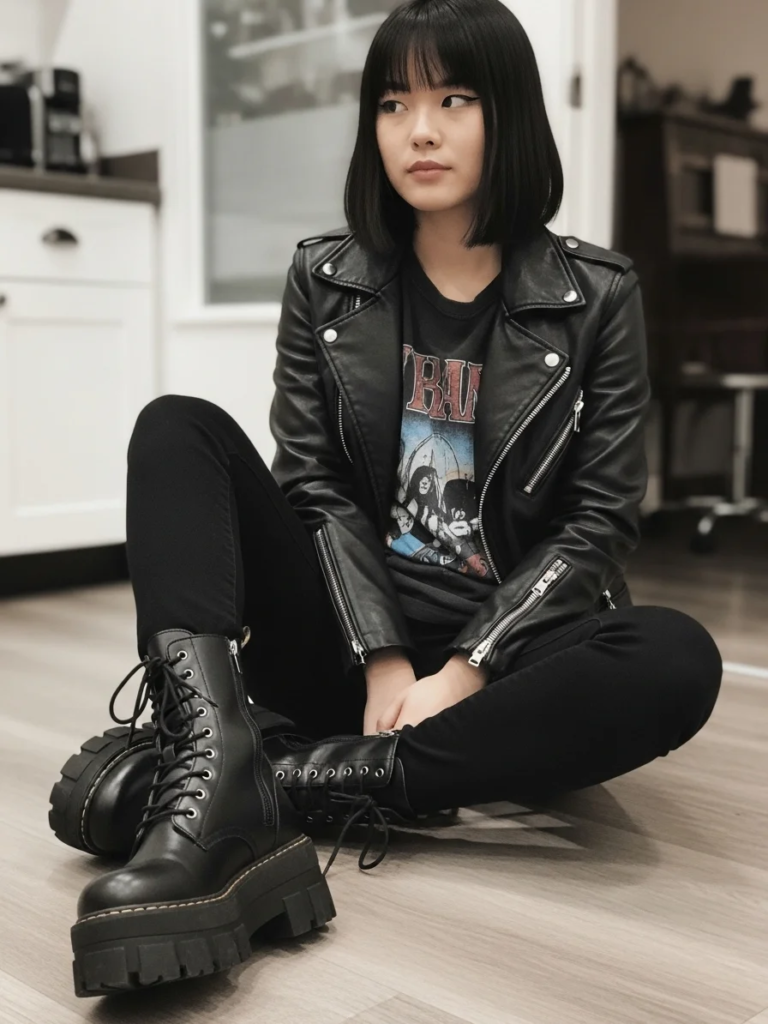Platform Combat Boots and Black Leather Jacket