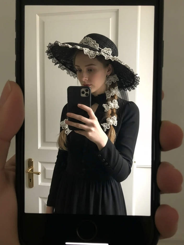 Black Wide-Brim Hat with Laced Hair Accessories