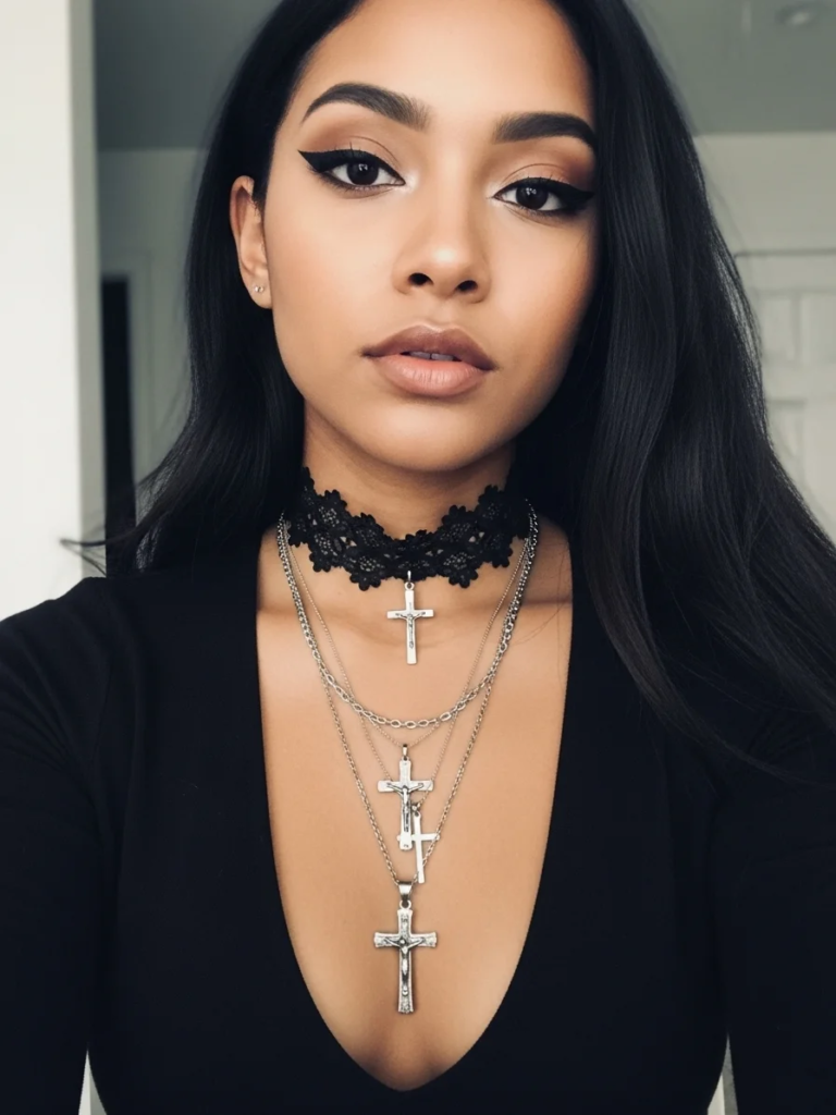 Lace Choker with Layered Cross Necklaces