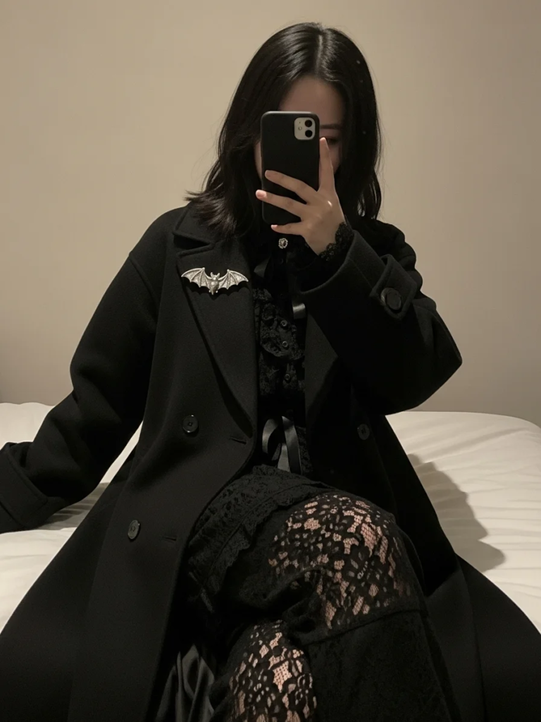 Long Flowy Black Coat with Silver Bat Brooch