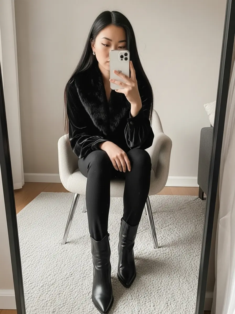 Faux Fur Collar with Velvet Blouse and Tight Trousers