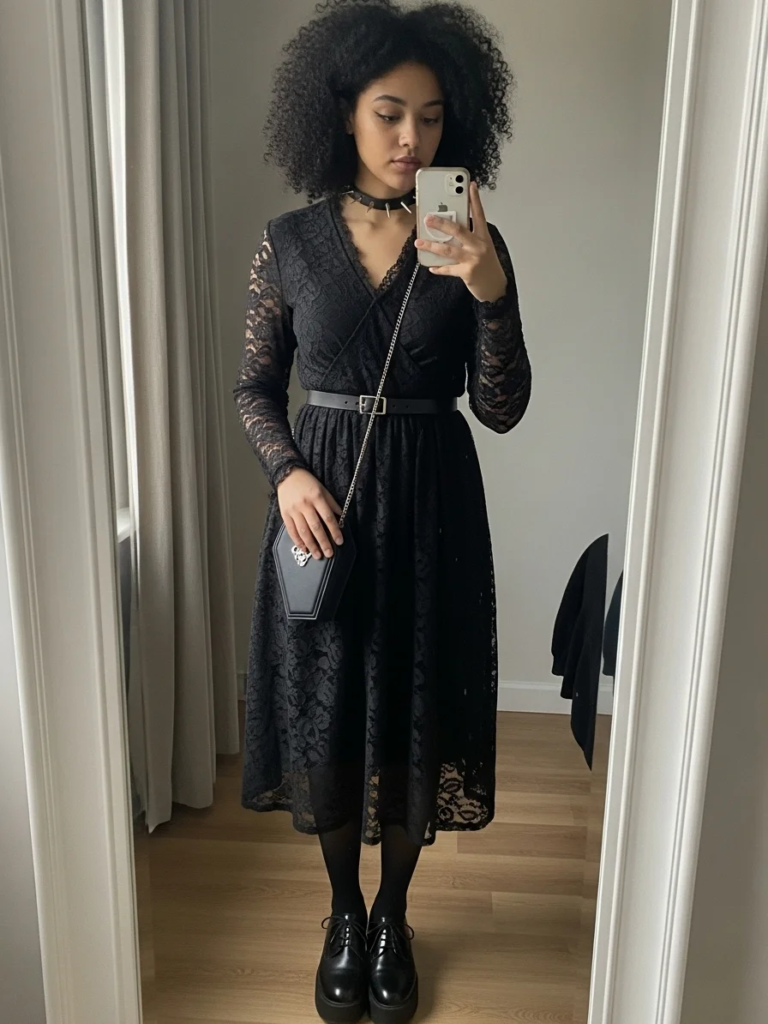 Studded Choker Necklace and Coffin-Shaped Purse