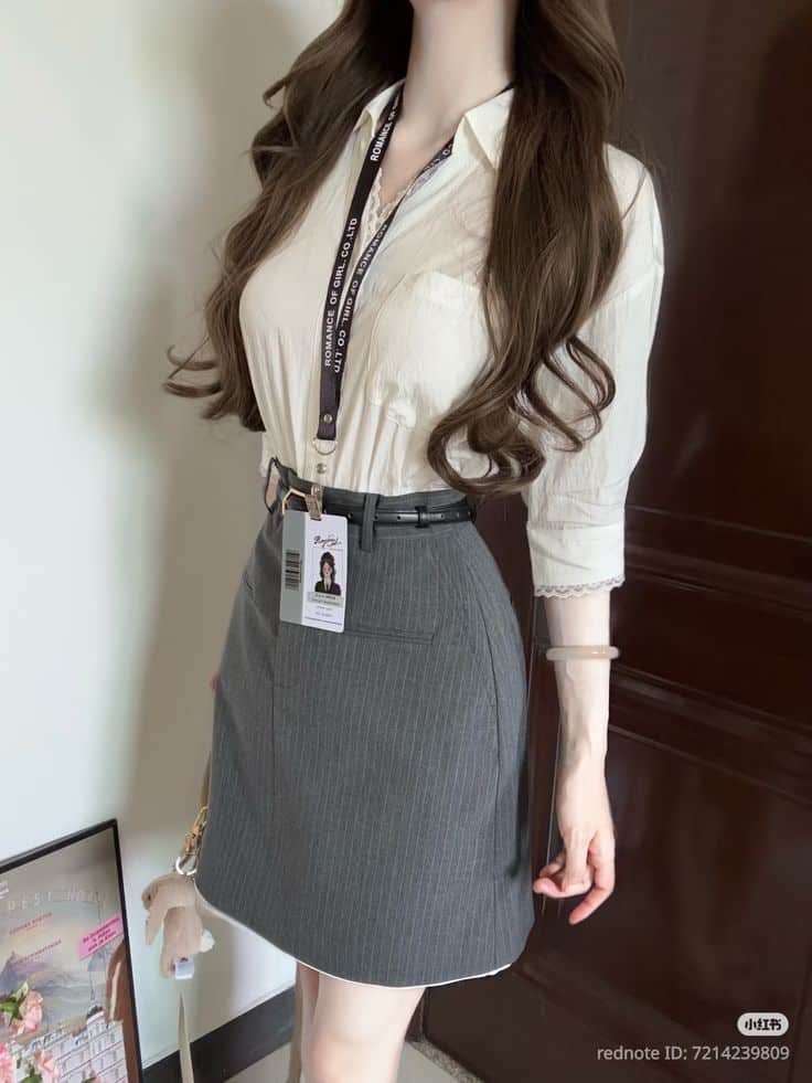 Classic White Blouse and Gray Skirt