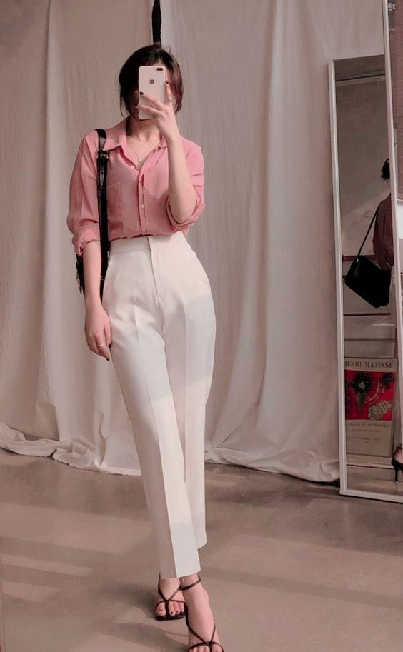 Blush Blouse and Crisp White Trousers