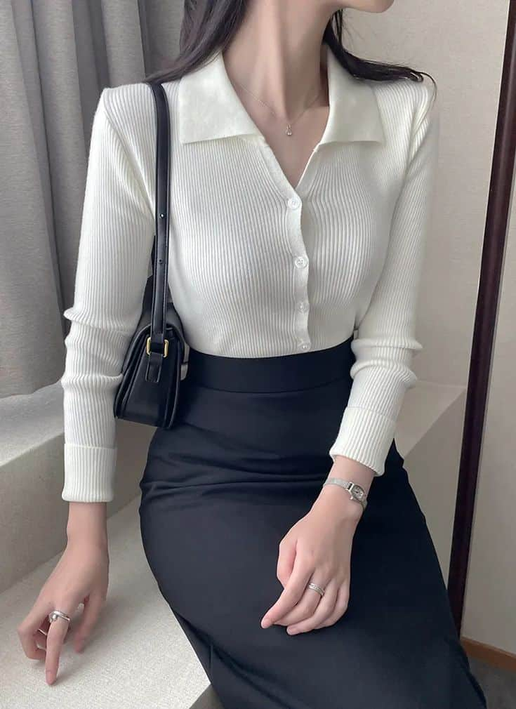 Crisp White Cardigan with Pencil Skirt
