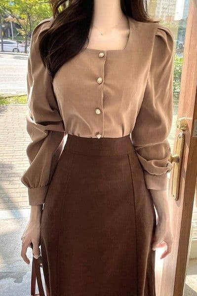 Elegant Beige Blouse with Brown Skirt