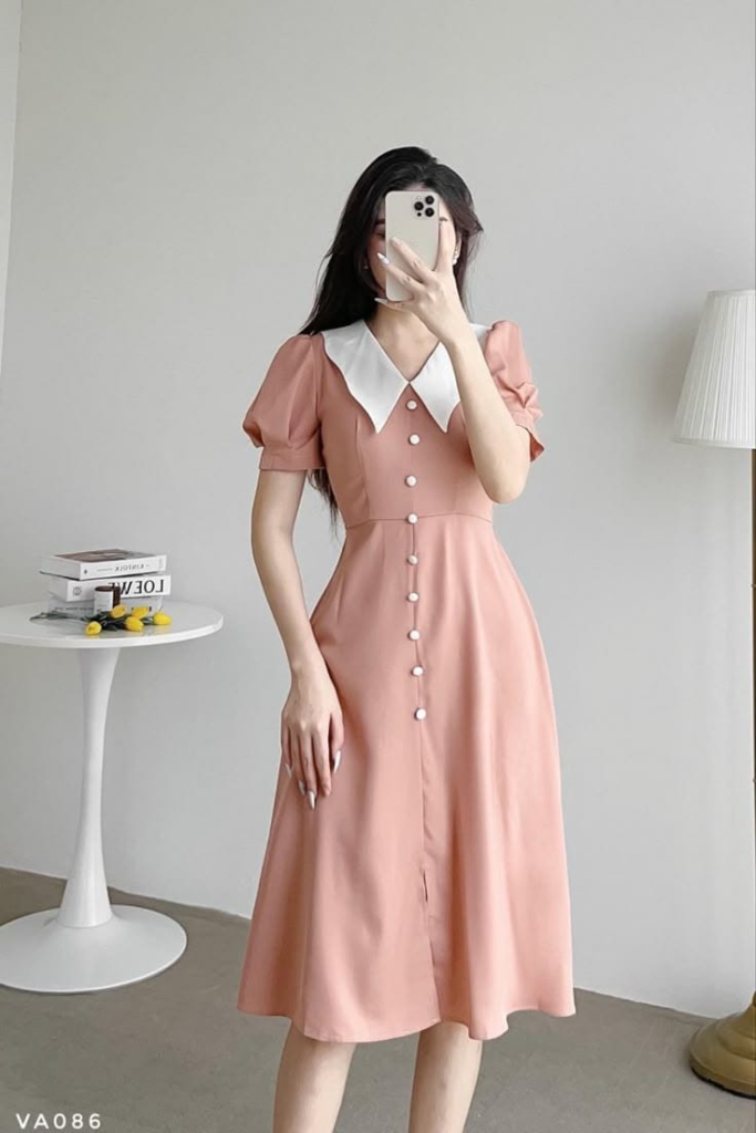 Vintage-Inspired Peach Button-Down Dress
