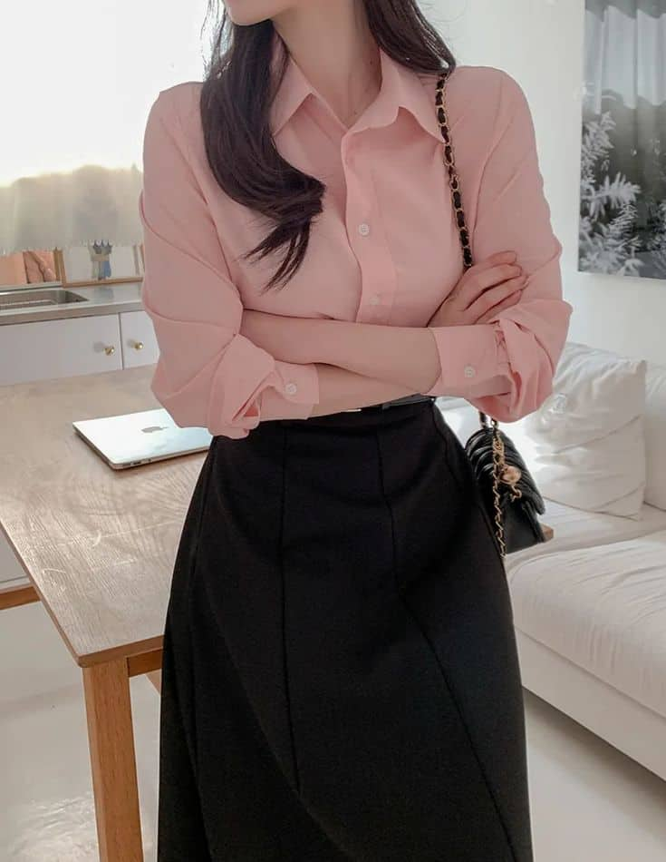 Blush Pink Blouse with Black Skirt