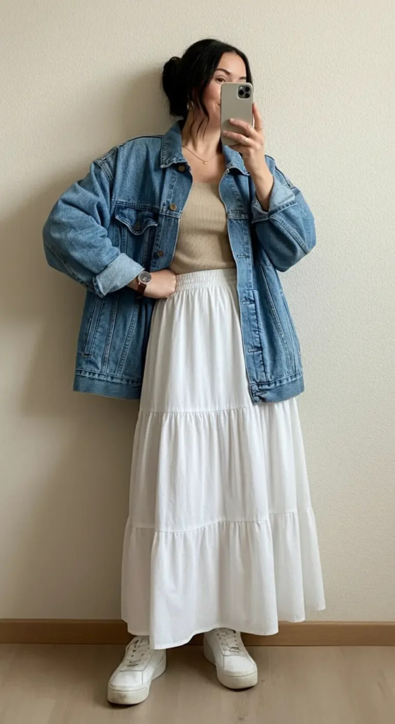 Denim Jacket and Tiered White Maxi