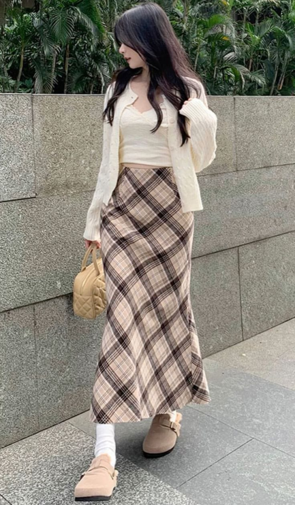 Plaid Maxi Skirt Meets Cozy Cardigan