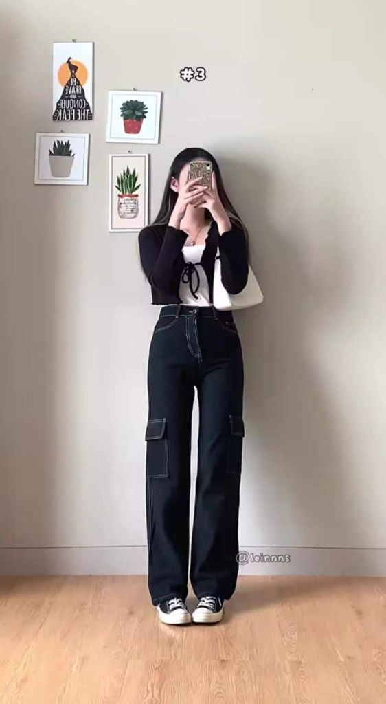 Monochrome Chic with Wide-Leg Cargos