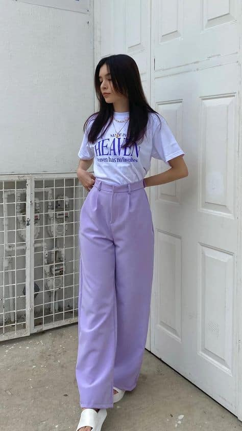 Lavender Wide-Leg Pants with Graphic Tee