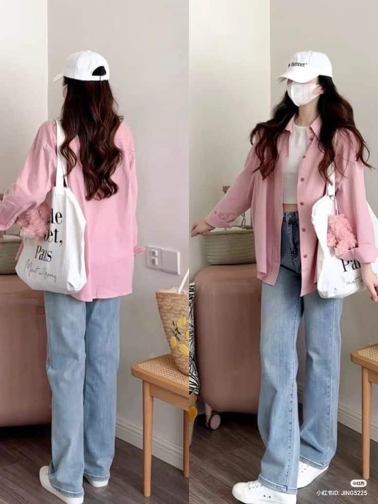 Pink Oversized Shirt with Denim